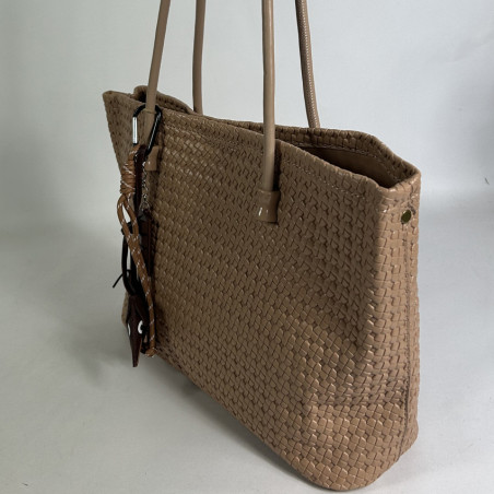 Farfouillette Woven Shopping Bag with Removable Keychain Taupe