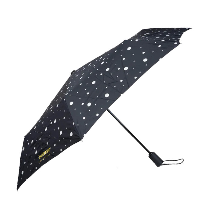 Isotoner Automatic Folding Umbrella Black/Yellow Polka Dot
