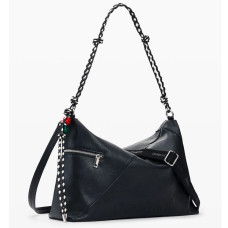 Desigual Half Logo Large Shoulder Bag With Charms Black