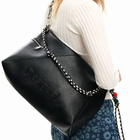 Desigual Half Logo Large Shoulder Bag With Charms Black