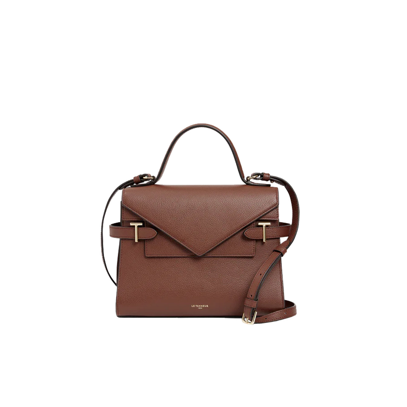 Le Tanneur Emilie Double Flap Handbag in Grainy Ebony Leather