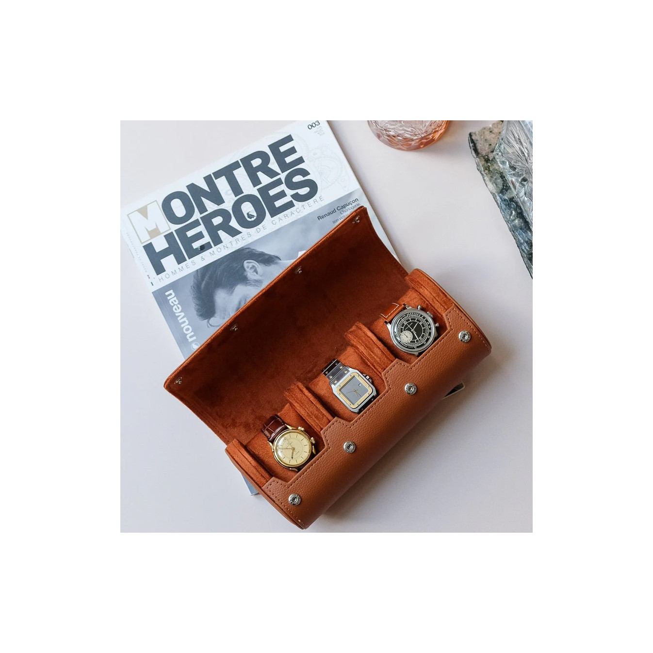 Maison Scarlett James Travel Case 3 Watches Faux Leather Camel