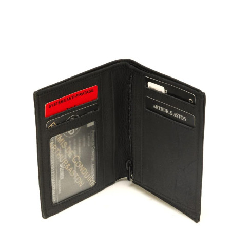 Arthur et Aston Oscar Vertical Wallet 2 Flaps in Black Leather