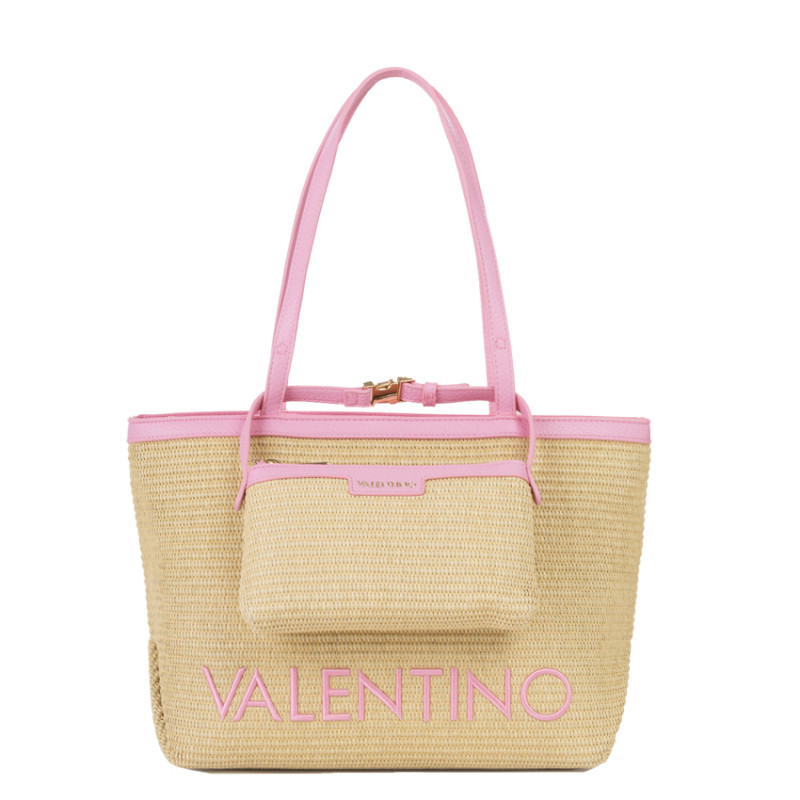Valentino Maiam Shopping Bag with Removable Pouch Straw Effect Natu...