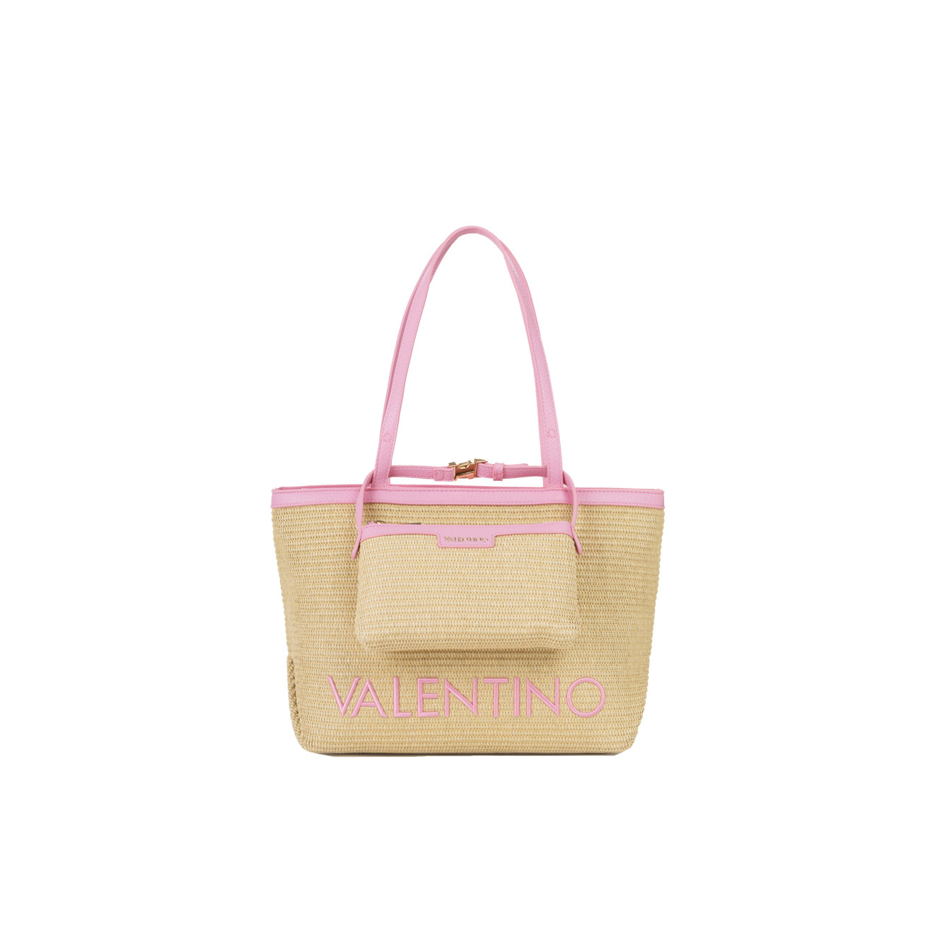 Valentino Maiam Shopping Bag with Removable Pouch Straw Effect Natu...