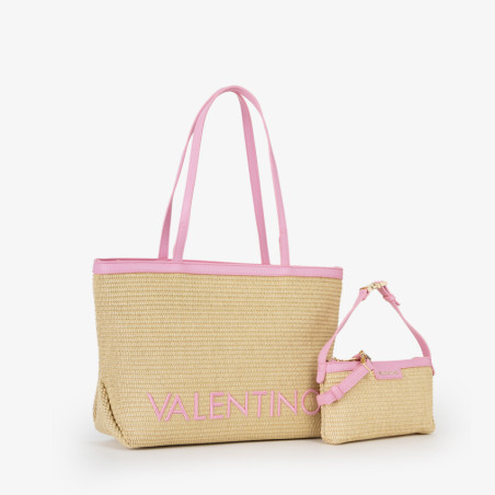 Valentino Maiam Shopping Bag with Removable Pouch Straw Effect Natu...