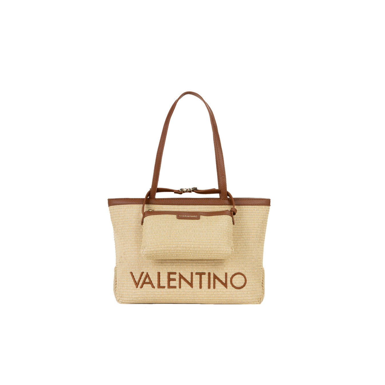 Valentino Maiam Shopping Bag with Removable Pouch Straw Effect Natu...