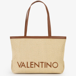 Valentino Maiam Shopping Bag with Removable Pouch Straw Effect Natu...