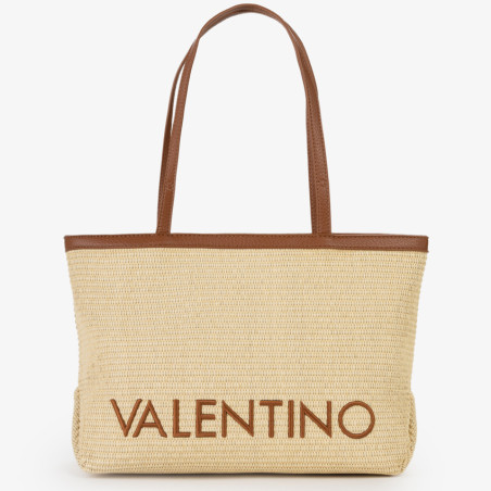 Valentino Maiam Shopping Bag with Removable Pouch Straw Effect Natu...