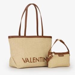 Valentino Maiam Shopping Bag with Removable Pouch Straw Effect Natu...