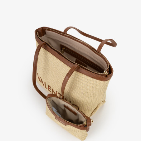 Valentino Maiam Shopping Bag with Removable Pouch Straw Effect Natu...