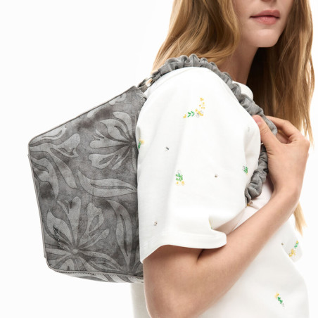 Desigual Obsidian Drawstring Bag M With Embroidered Details Grey Me...