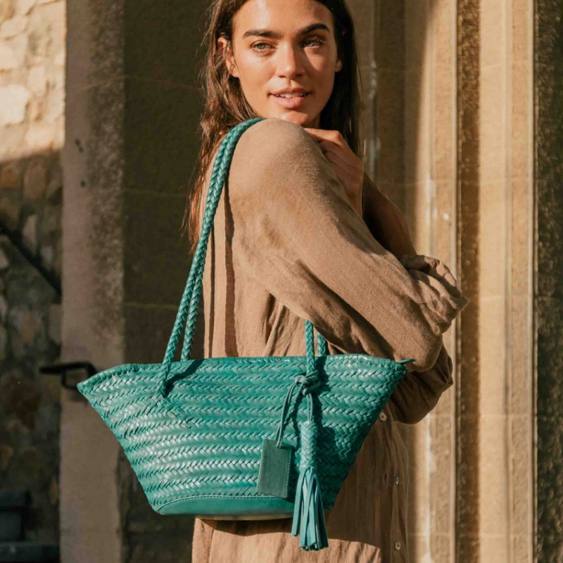 Biba Perkins Small Woven Leather Tote Bag PER14L Verde