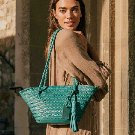 Biba Perkins Small Woven Leather Tote Bag PER14L Verde