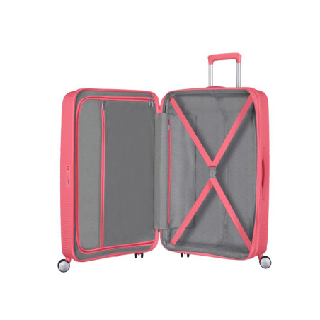 American Tourister Sound Box Spinner 67 cm Valise Cabine Trolley 4 Roues Sun Kissed Coral ouvert