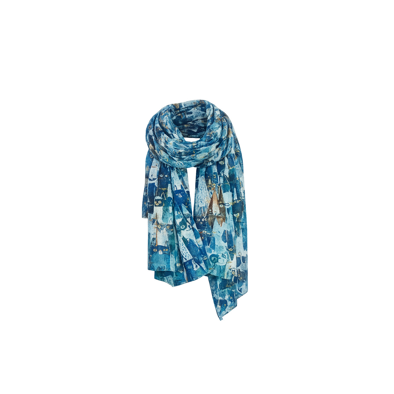 Farfouillette Kittie Cat Print Scarf Blue