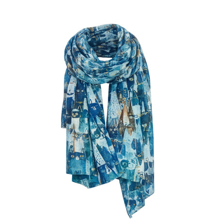 Farfouillette Kittie Cat Print Scarf Blue