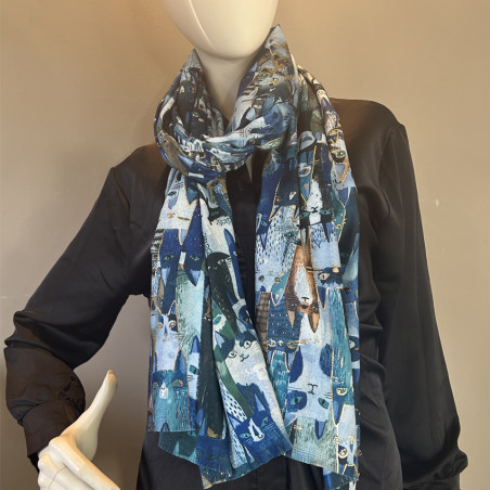 Farfouillette Kittie Cat Print Scarf Blue