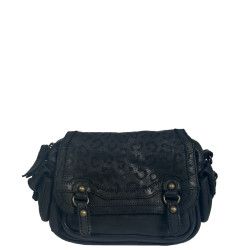 Biba Gardner Washed Leather Shoulder Bag & Leopard Details GAD4L Negro
