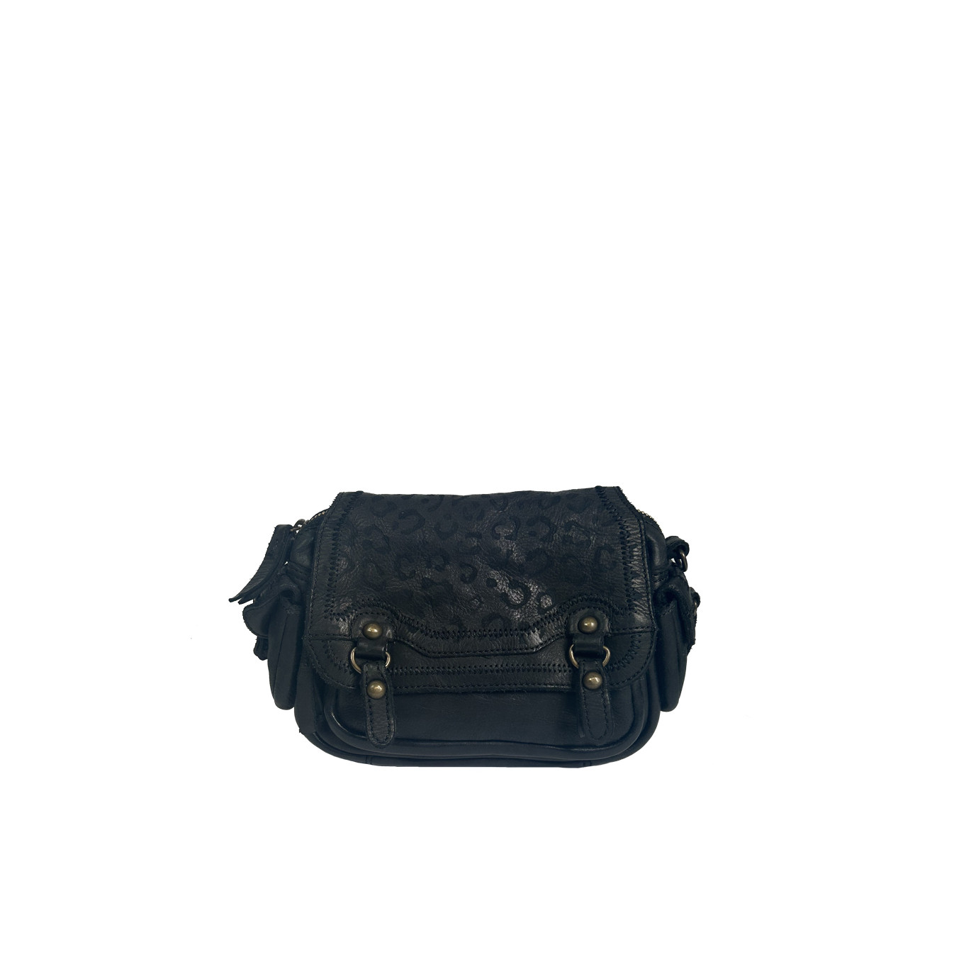 Biba Gardner Washed Leather Shoulder Bag & Leopard Details GAD4L Negro