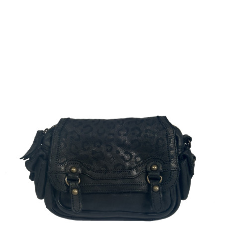 Biba Gardner Washed Leather Shoulder Bag & Leopard Details GAD4L Negro