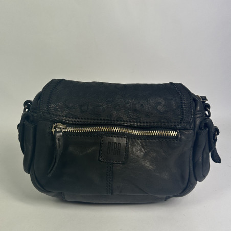 Biba Gardner Washed Leather Shoulder Bag & Leopard Details GAD4L Negro