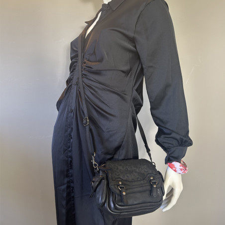 Biba Gardner Washed Leather Shoulder Bag & Leopard Details GAD4L Negro