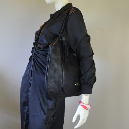 Mila Louise Naomi PG2 Sac Hobo Toile Garnie Cuir de Vachette Noir porté