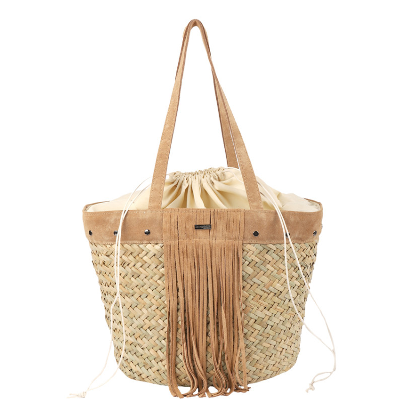 Les Tropéziennes Straw Basket Bag with Leather Details and Fringe N...