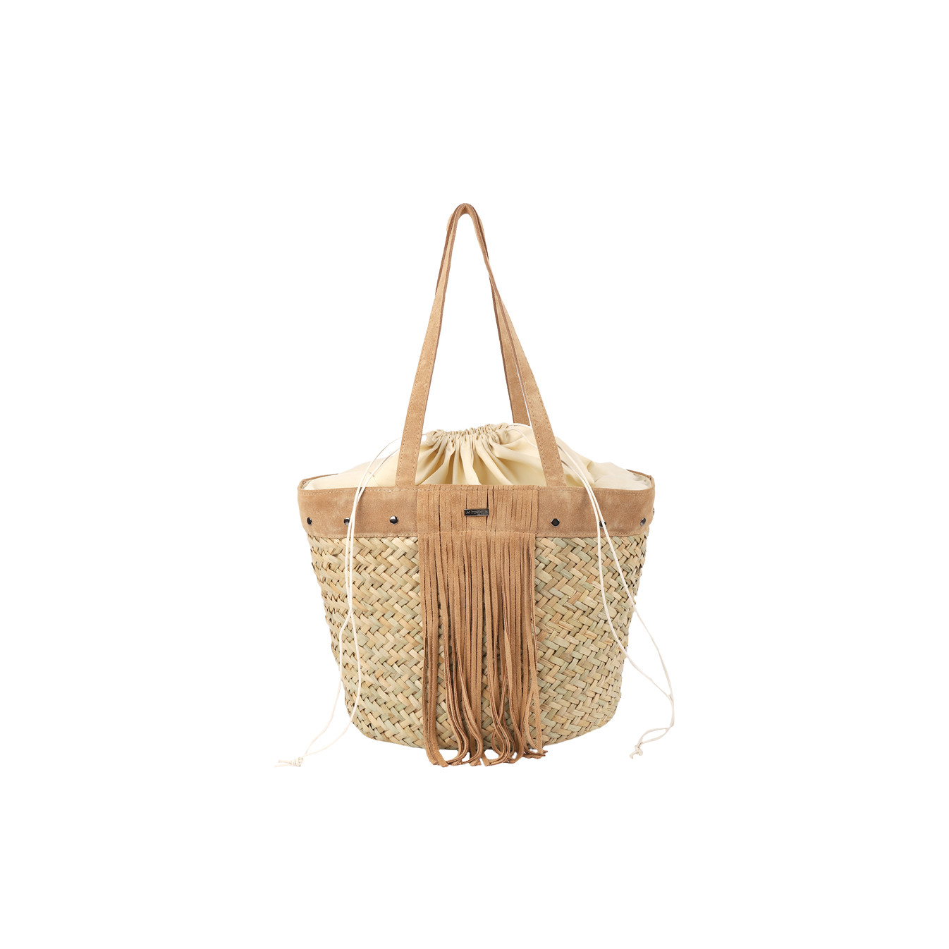 Les Tropéziennes Straw Basket Bag with Leather Details and Fringe N...