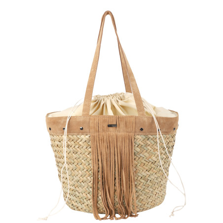 Les Tropéziennes Paille Sac Panier Avec Détails En Cuir et Frange Natural