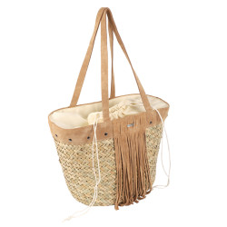 Les Tropéziennes Straw Basket Bag with Leather Details and Fringe N...