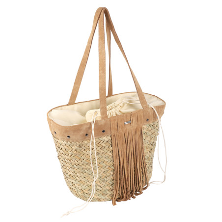 Les Tropéziennes Paille Sac Panier Avec Détails En Cuir et Frange Natural côté