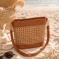 Farfouillette Woven Bucket Bag & Removable Pocket Camel