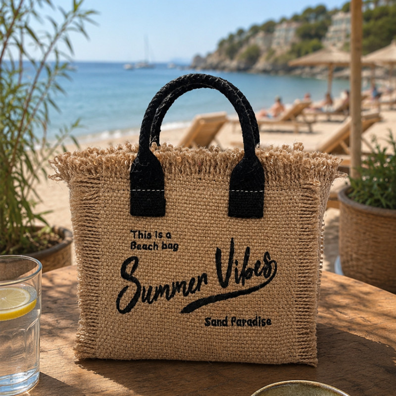 Farfouillette Small Crossbody Jute Bag Summer Vibes Black/Natural