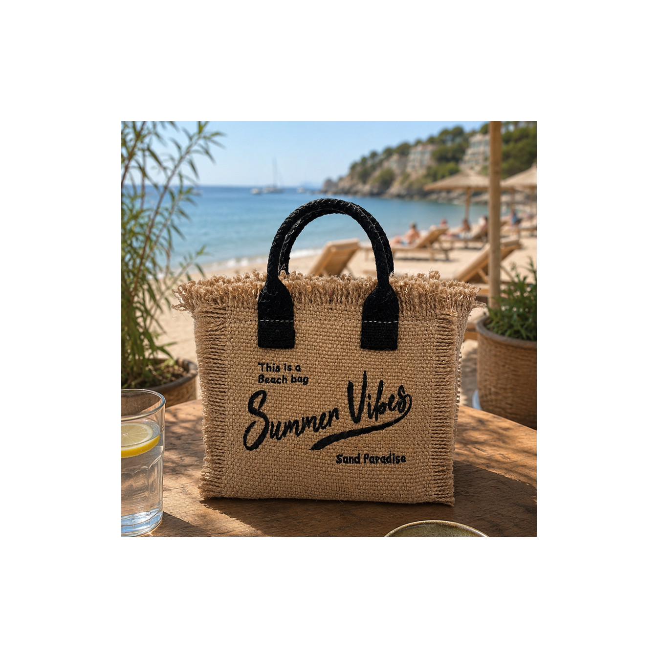 Farfouillette Small Crossbody Jute Bag Summer Vibes Black/Natural