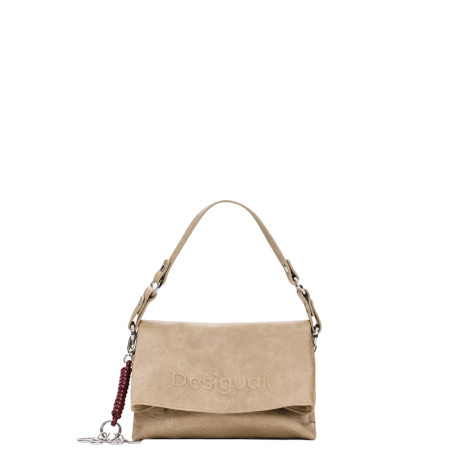 Desigual Half Logo Crossbody Bag with Flap in Beige Faux Leather Crudo