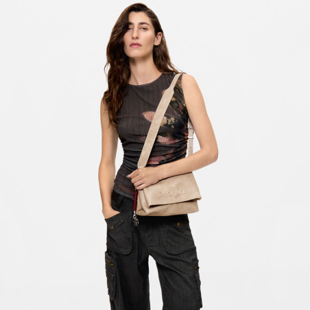 Desigual Half Logo Crossbody Bag with Flap in Beige Faux Leather Crudo