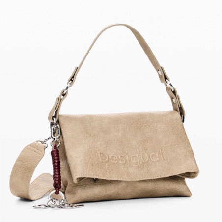 Desigual Half Logo Crossbody Bag with Flap in Beige Faux Leather Crudo