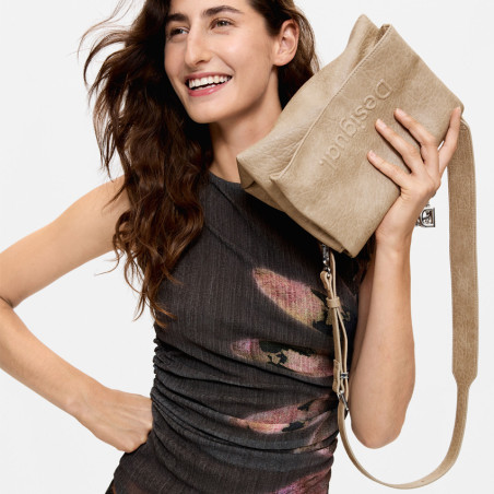 Desigual Half Logo Crossbody Bag with Flap in Beige Faux Leather Crudo
