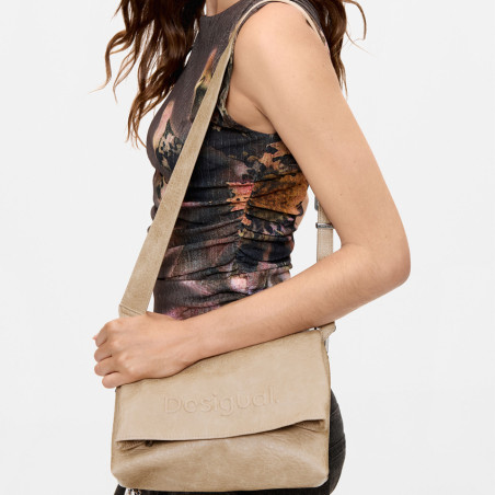 Desigual Half Logo Crossbody Bag with Flap in Beige Faux Leather Crudo