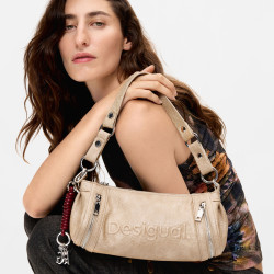 Desigual Half Logo Baguette Satchel Faux Leather Crudo Beige