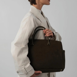 Lancaster Sweden Cube Large Tote Bag in Velvet Leather 530-60 Khaki