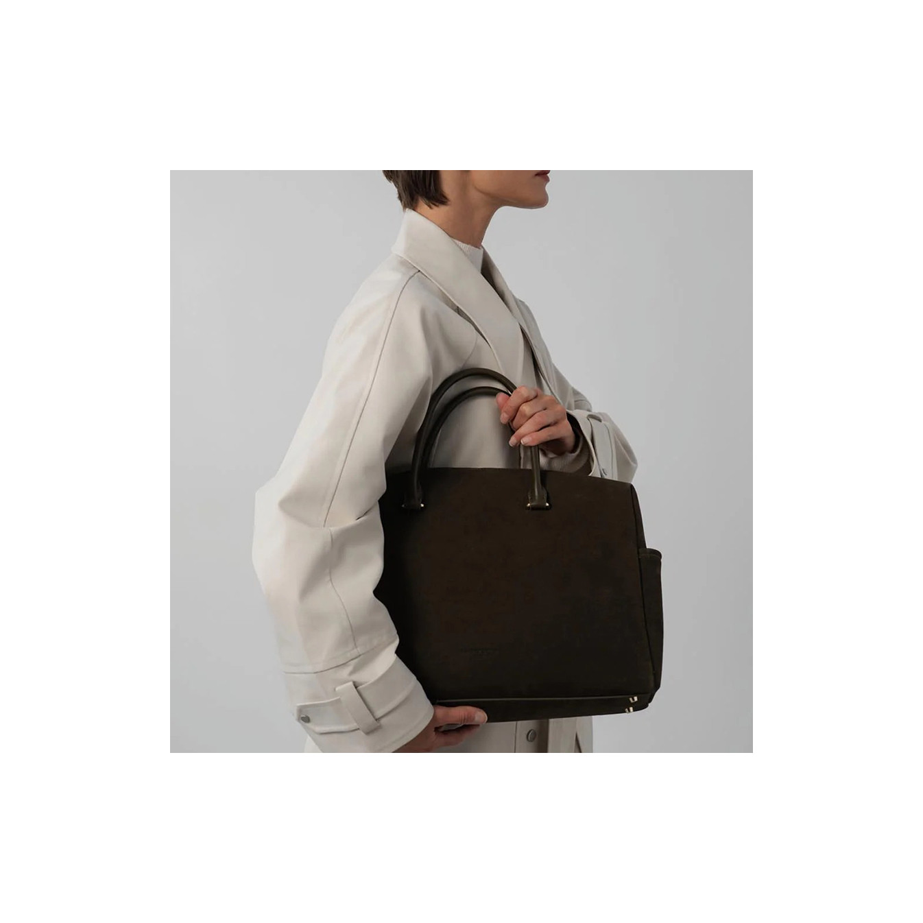 Lancaster Suède Cube Grand Sac Cabas En Cuir Velours 530-60 Kaki 1