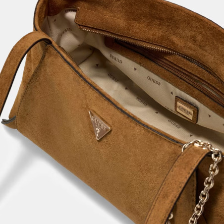 Guess Devon Sac Baguette Similicuir Velours Cognac ouvert