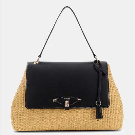 Guess Maggie Straw Sac Porté Epaule Similicuir Facyon Raphia NTB Naturel Black face