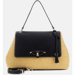 Guess Maggie Straw Shoulder Bag Faux Leather Straw Look Natural Black
