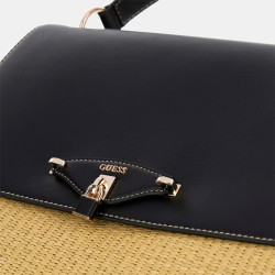 Guess Maggie Straw Shoulder Bag Faux Leather Straw Look Natural Black