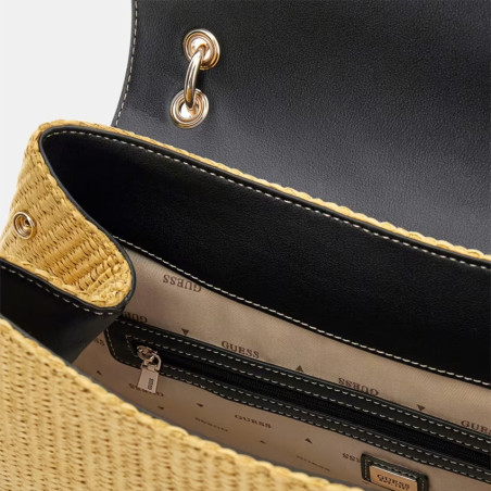 Guess Maggie Straw Shoulder Bag Faux Leather Straw Look Natural Black
