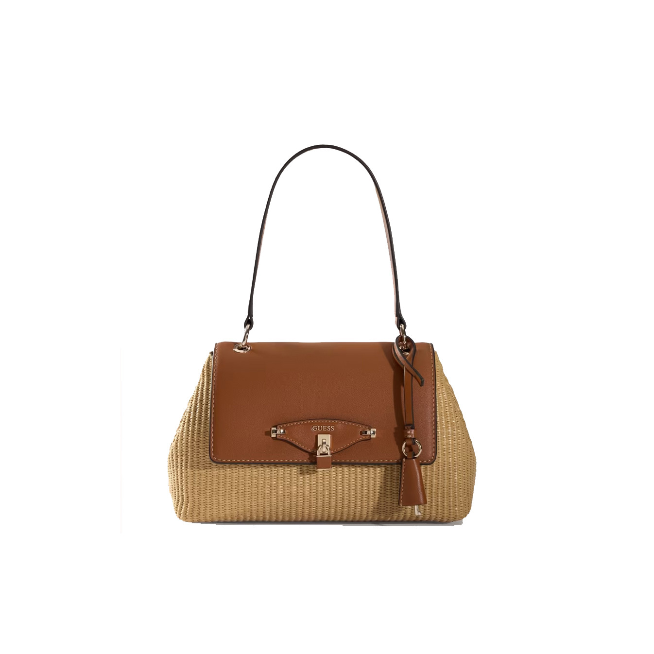 Guess Maggie Small Shoulder Bag Faux Leather Raffia Look NRC Natura...